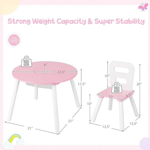 dimension image slide 2 of 4, Costway Kids Wooden Round Table & 2 Chair Set w/ Center Mesh Storage - See Details