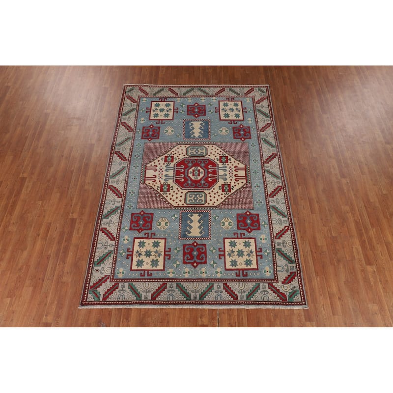 Light Blue Geometric Kazak Rug Hand-Knotted Living Room Wool Carpet - 6'8" x 9'6"