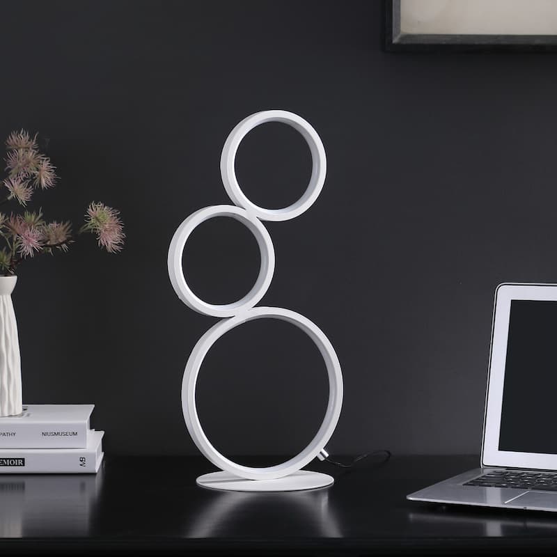 White Metal Round Table Lamp with Integrated LED and In Line Switch - 15” x 6.25” x 17” (D x W x H)