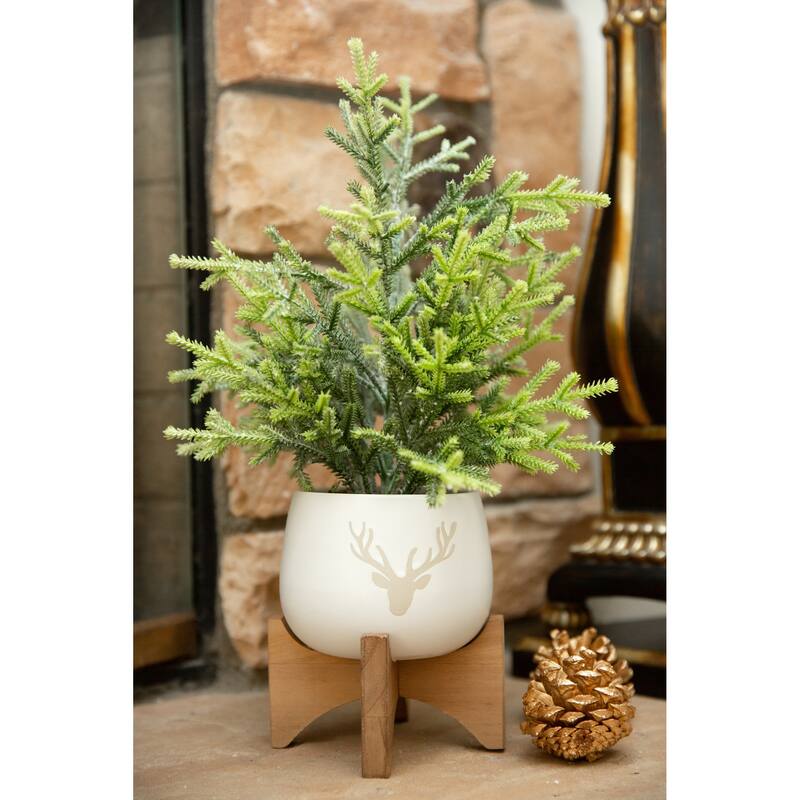 15.75"H Frosted Xmas Tree in 5" Staghead Ceramic on Wood Stand