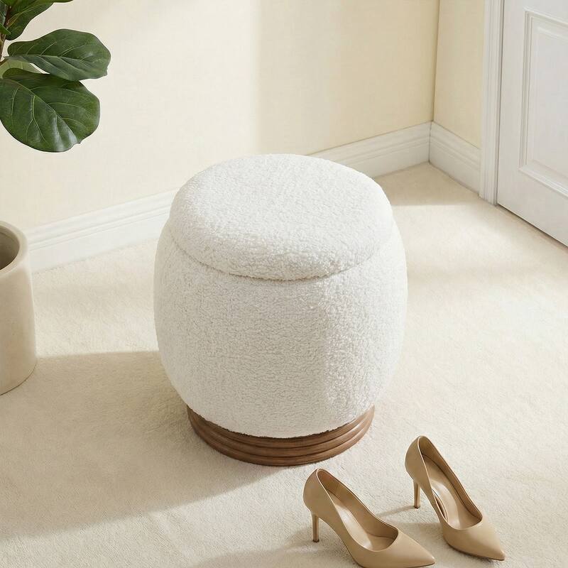 Fully Assembled Round Storage Pouf Ottoman Footstool with Flip-top and Acacia Solid Wood Frame