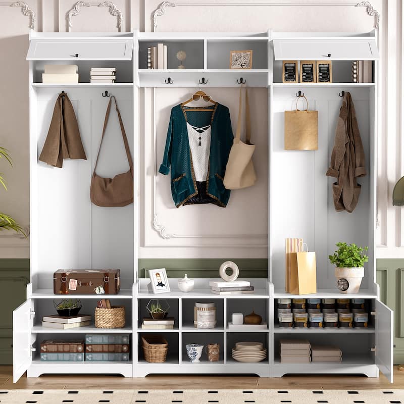 79.1" Wide Modern Hall Tree with Shoe Storage, 8 Cubbies & 7 Coat Hooks - Entryway Bench with Adjustable Shelf