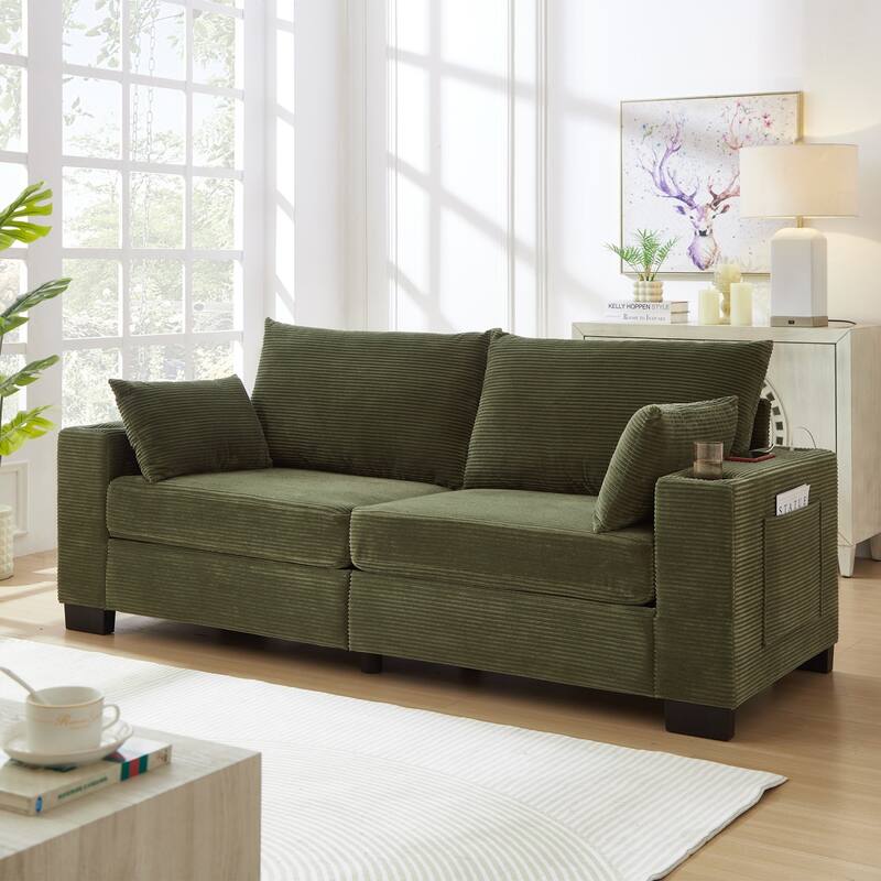 78" Corduroy 3-Seater Sofa with USB Ports, Cup Holders and Side Pockets