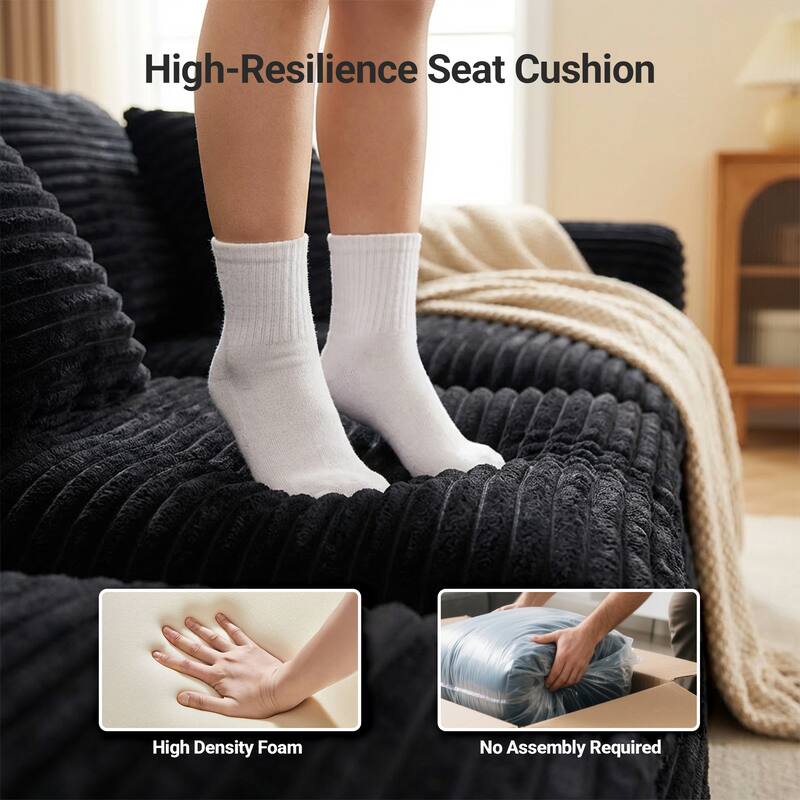 Corduroy Sectional Cloud Couch with Ottoman, 30 High-Density Boneless Sponge Sofa, L-Shape Deep Seat Corner Sofa - Black