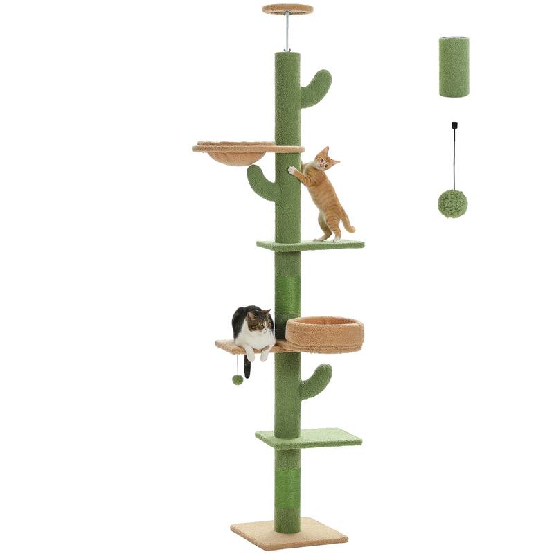 Floor to Ceiling Adjustable Height Cat Tree, 5 Levels Cactus Cat Tower with Cat Perch & Replaceable Hammock