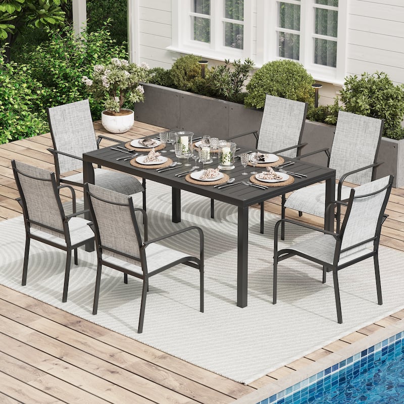 5/7/9-Piece Outdoor Patio Dining Set with Stackable Textilene Chairs and Slatted Table, Furniture with Adjustable Umbrella Hole