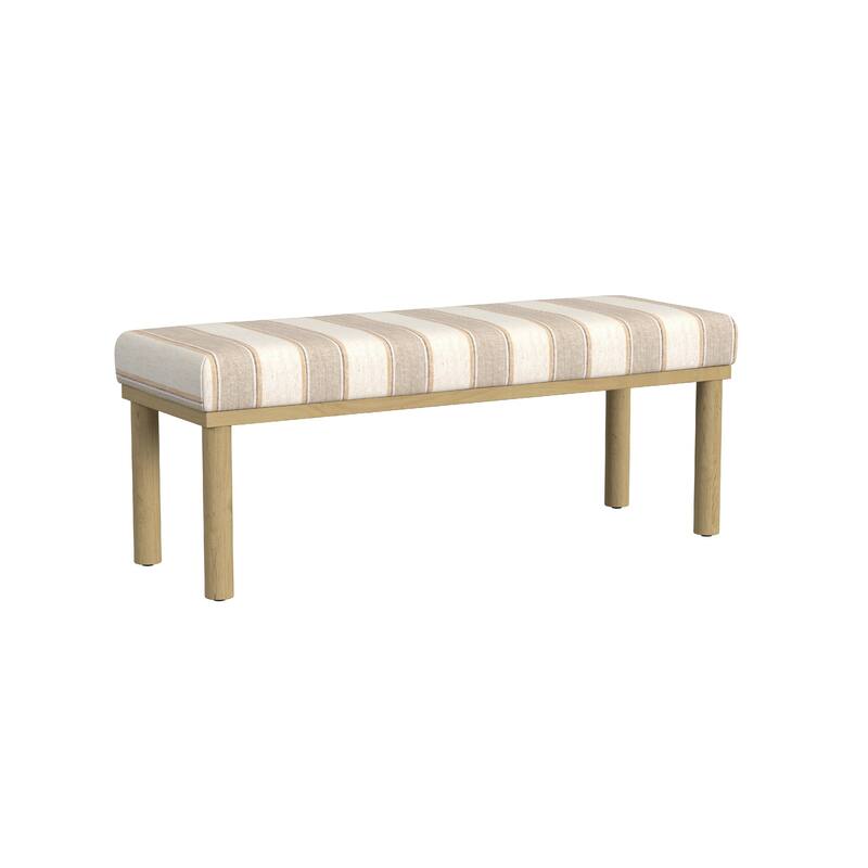 Fin Bench, Natural Brown Wood, Striped Tan Cream Polyester 48 Inch