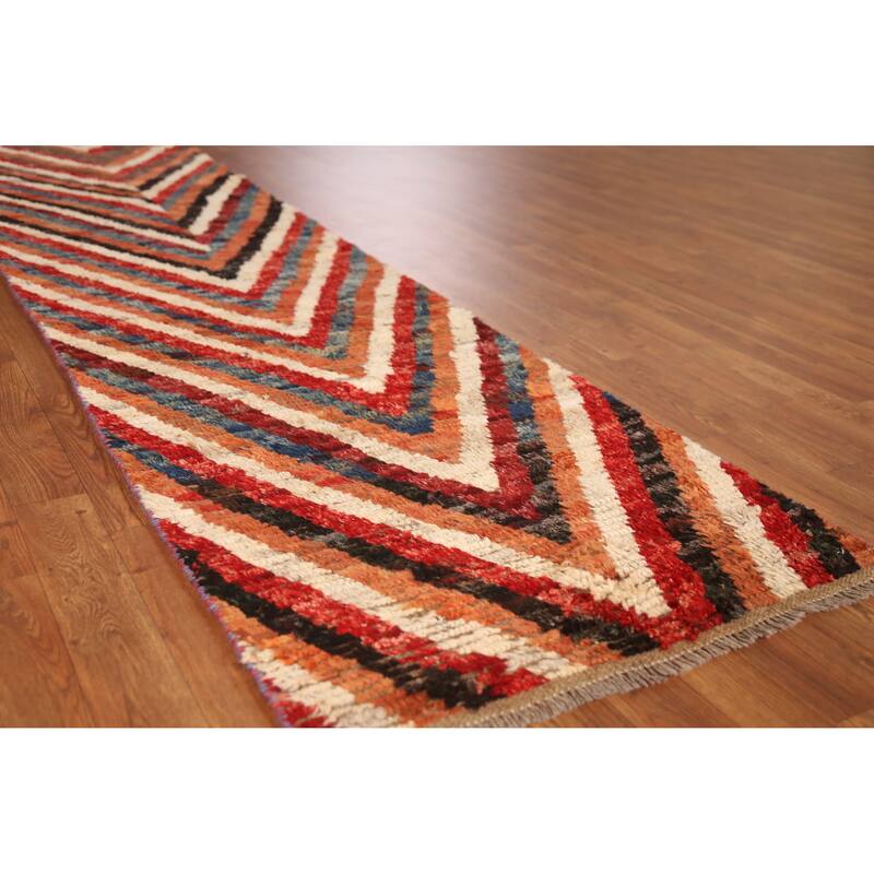 Chevron Style Moroccan Oriental Runner Rug Hand-Knotted Wool Carpet - 2'5" x 9'11" - 2'5" x 9'11" - Multi-Color