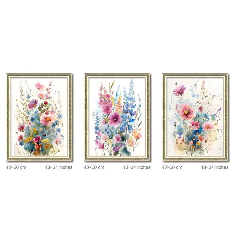 Set of 3 Colorful Floral Framed Wall Art - Replaceable Canvas Prints with Solid Wood Picture Frames - Green,Pink