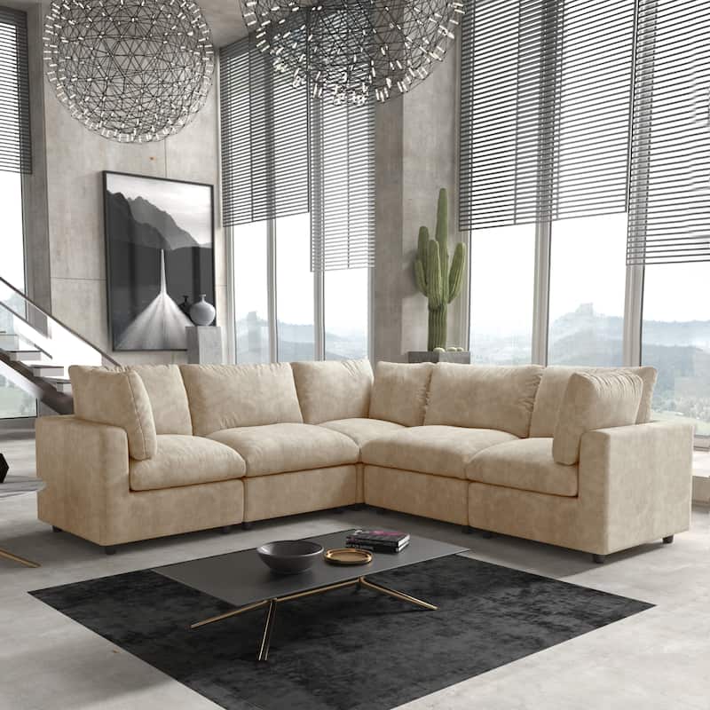 Corner Sofa Minimalist Upholstered Cushion Sofa Chenille Modular Sectional Couch - Khaki