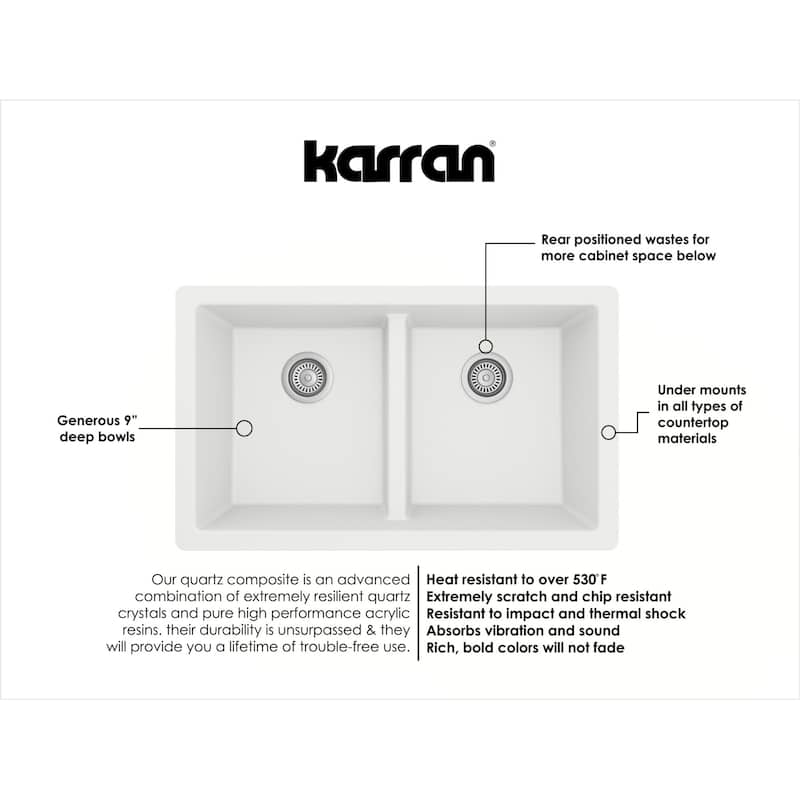 Karran 32" Undermount Double Equal Bowl Quartz Kitchen Sink Kit - 32" x 19.5" x 9"