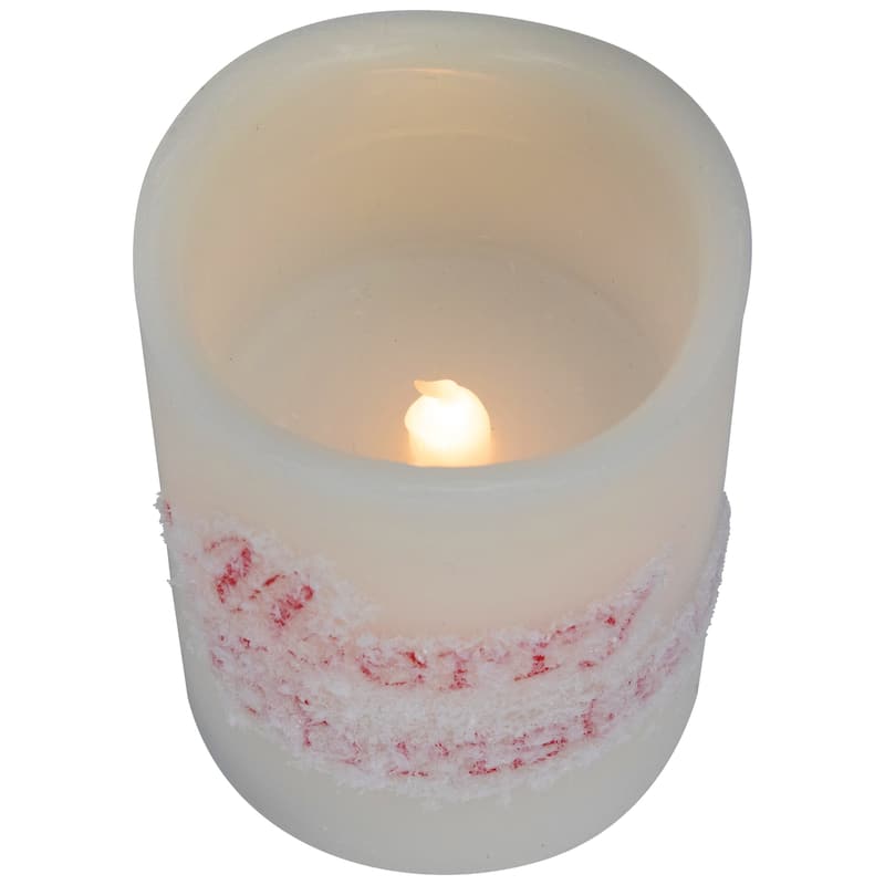 3 Frosted White "Merry Christmas" Flameless LED Wax Pillar Candles 6"
