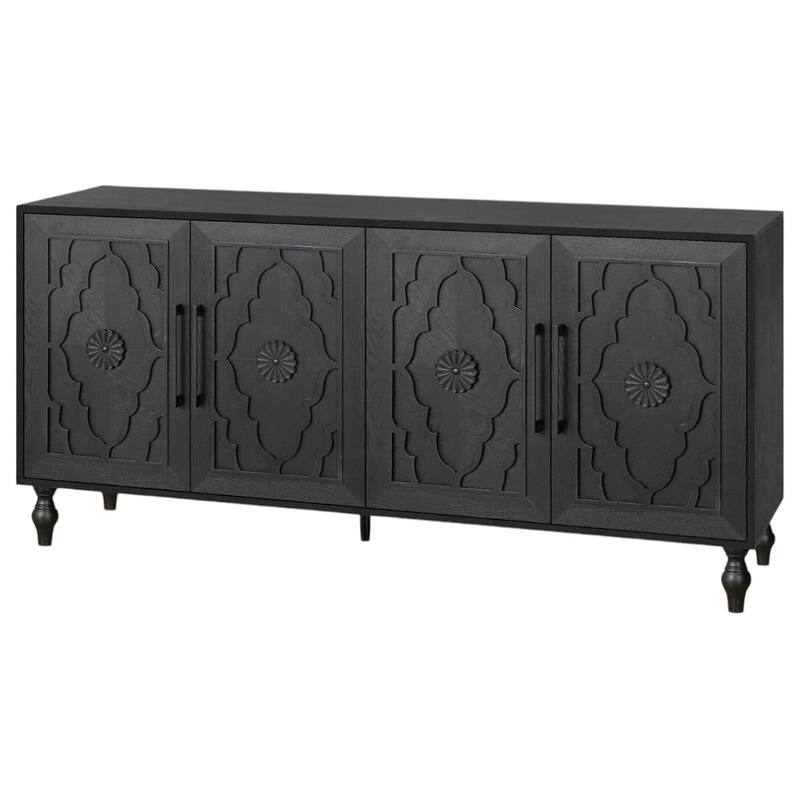 HomeRoots 68" Black Distressed Carved Floral Sideboard with Four Doors - 68.11' X '32' X '15.75