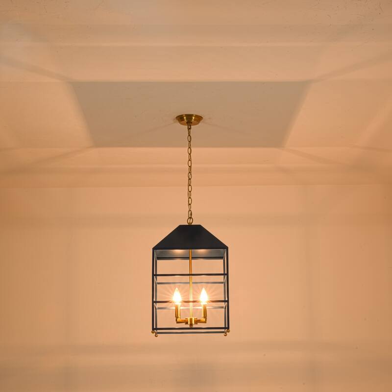 4-Light Traditional Cage Lantern Chandelier Blue and Antique Brass Candle Style Hanging Light - 14 in. W x 23.2 in. H x 14 in. D