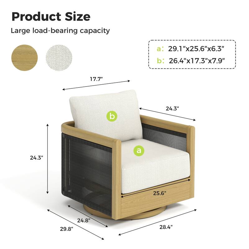 Overture 1-Piece Natural Wood Grain Aluminum Hand-Woven Rope Patio Swivel Sofa Chair with Beige Cushions