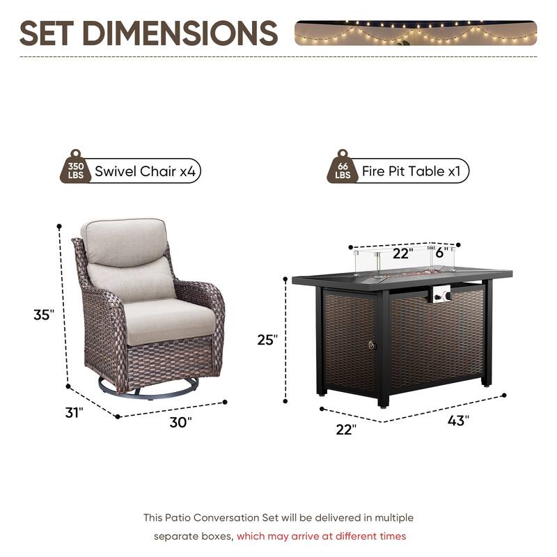 Pocassy 43" Fire Pit Table with Outdoor Swivel Chair Set