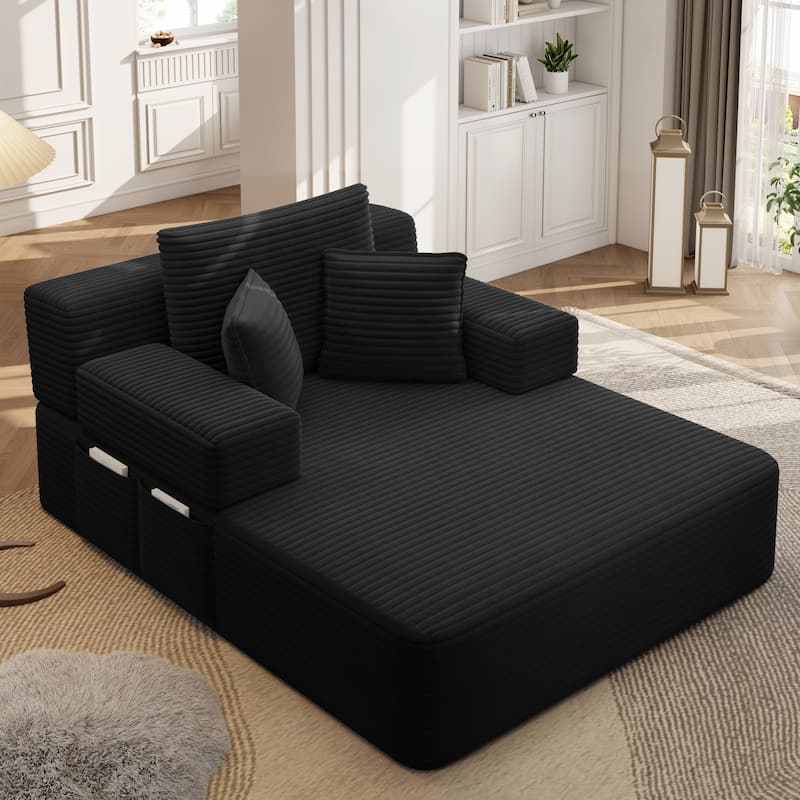 Luxurious Plush Corduroy Chaise Lounge Convertible Sofa Bed with Storage Pocket and Wide Armrests - Black