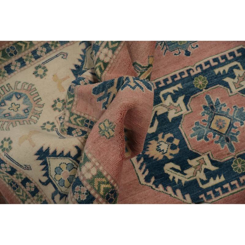 Hand Knotted Oriental 100% Wool Carpet Traditional Geometric Pink Kazak Area Rug - 11' 10'' X 9' 0''