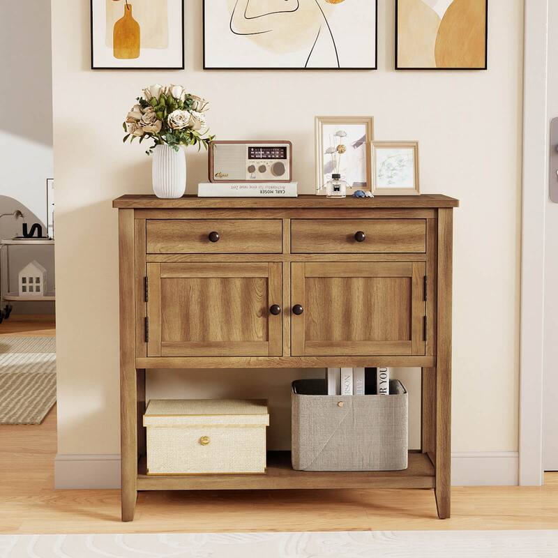 Costway Mid-Century Console Table with 2 Drawers, 2 Cabinets & Bottom - See Details