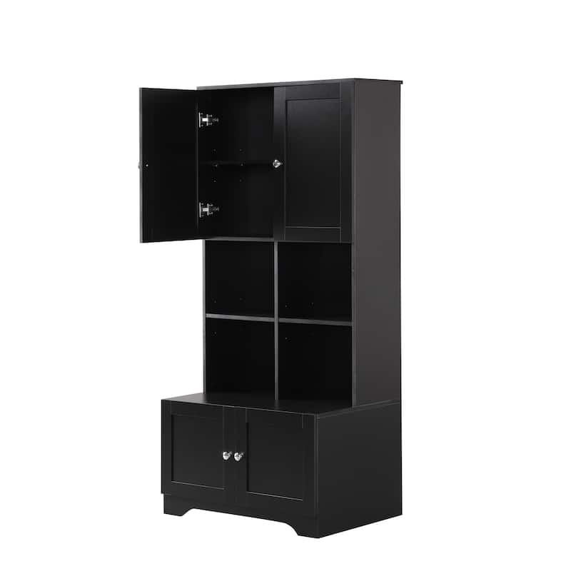 Large Bathroom Floor Standing Storage Cabinet with Open Level Shelves Bathroom Storage Units, 4 Doors Freestanding Cabinet