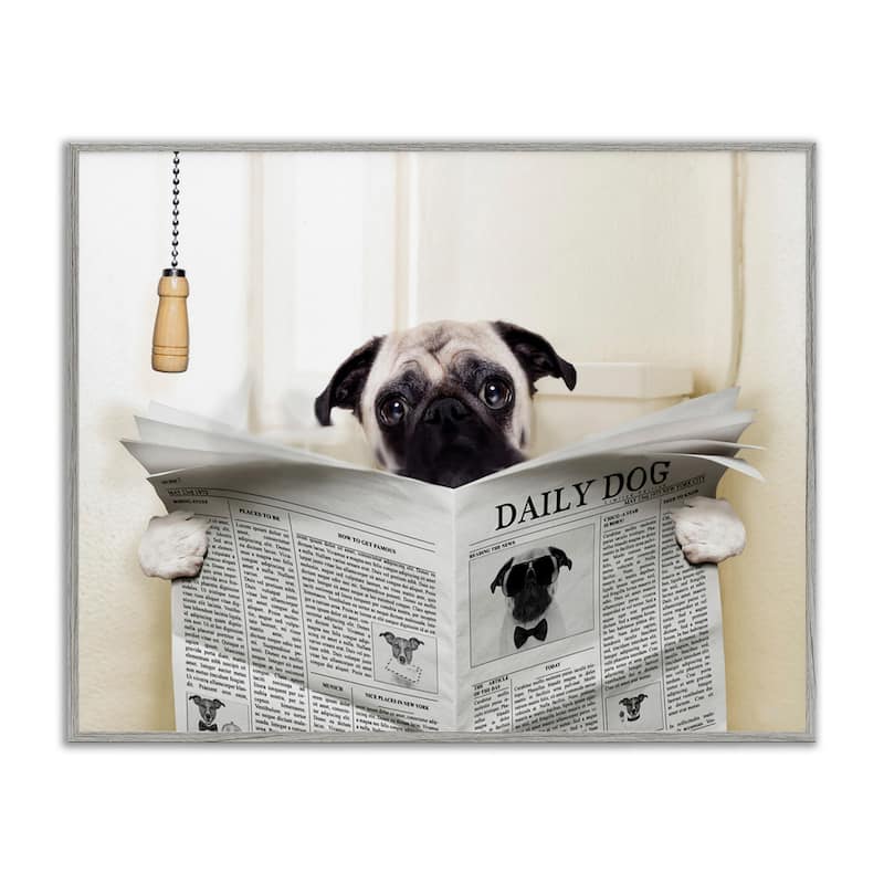 Stupell Pug Reading Newspaper Framed Giclee Art - Grey Framed - 11 x 14