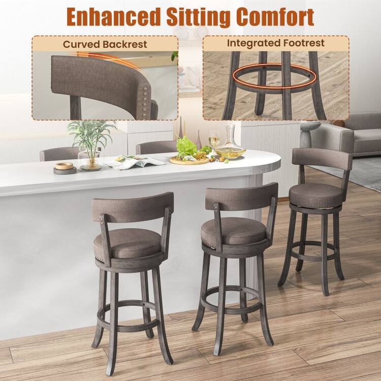 2 Grey Swivel Bar Chairs with Padded Linen Upholstery and Footrest Sturdy Rubber Wood Frame