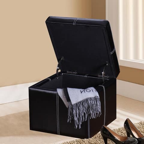 Adeco Bonded Leather Contrast Stitch Square Storage Ottoman Footstool