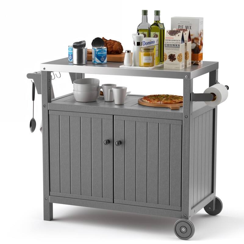 HDPE Portable Outdoor Grill Cart, Waterproof BBQ Prep Table, 304 Stainless Steel Top, Camping Cart 42.12" L x 20.71" W, Black - Grey