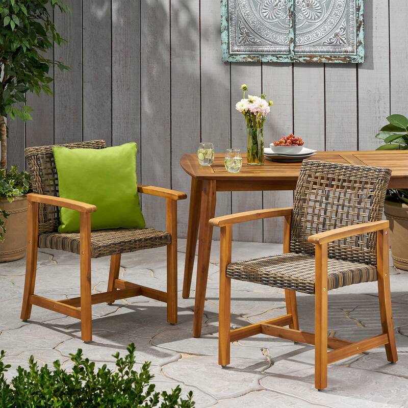 2pc Hampton Dining Chair Set Natural Stained Acacia Wood and PE Rattan Outdoor Patio Furniture 33in