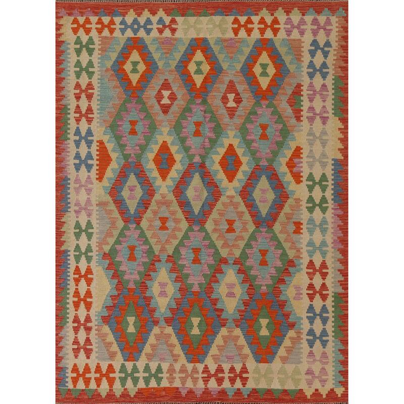 Hand Woven Oriental 100% Wool Carpet Southwestern Geometric Multi-Colored Kilim Area Rug - 6' 5'' X 5' 2''