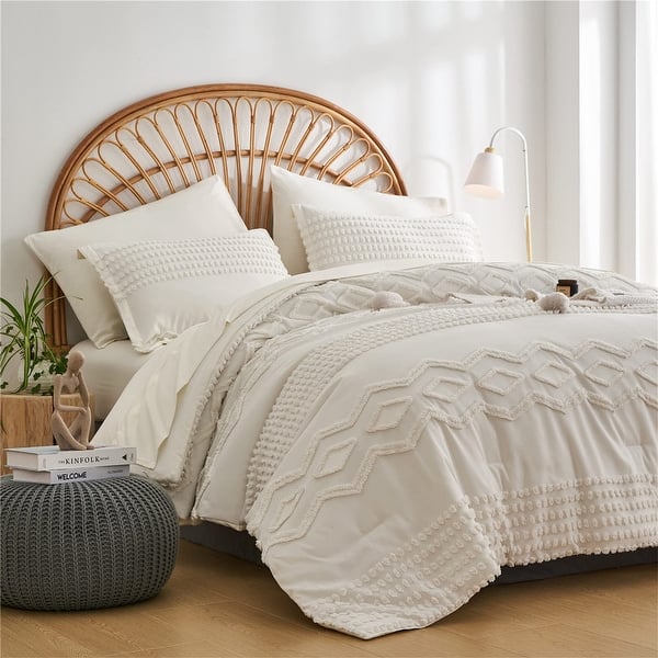 Tufted Comforter Set 7 Piece Bed in a Bag - White - Queen