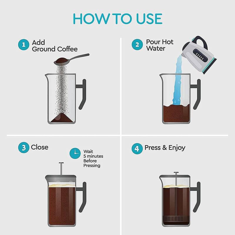 French Press Coffee Maker – Insulated Coffee Press Stainless Steel 304 – Coffee Spoon, Double Wall, & 4 Level Filtration System