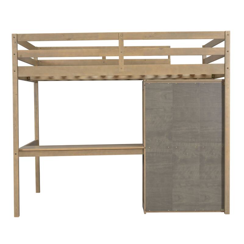 Full Size Pinewood Loft Bed with Built-in Study Desk and Wardrobe, Storage Shelves and 2 Drawers, Full-length Guardrails