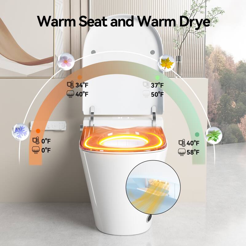 Smart One Piece Toilet with Built In Bidet. Auto Open Close Seat. Heated Seat. Warm Water. Dryer. Remote Control