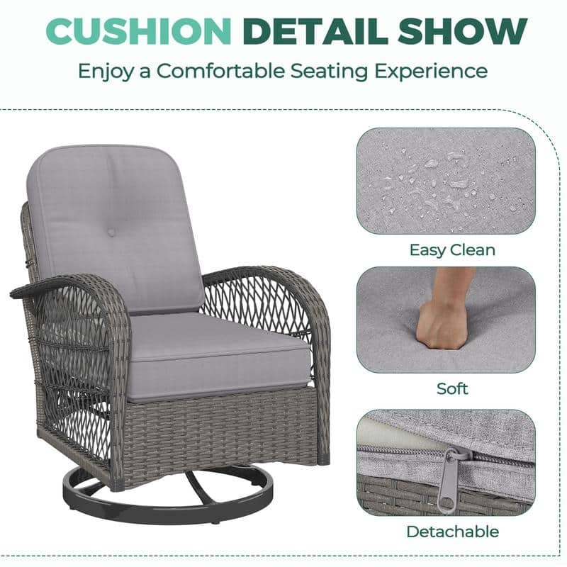 Outdoor Swivel Rocker Bistro Set - 3 Piece Wicker Patio Set with Swivel Rocking Chairs, Cushions, and Tempered Glass Side Table