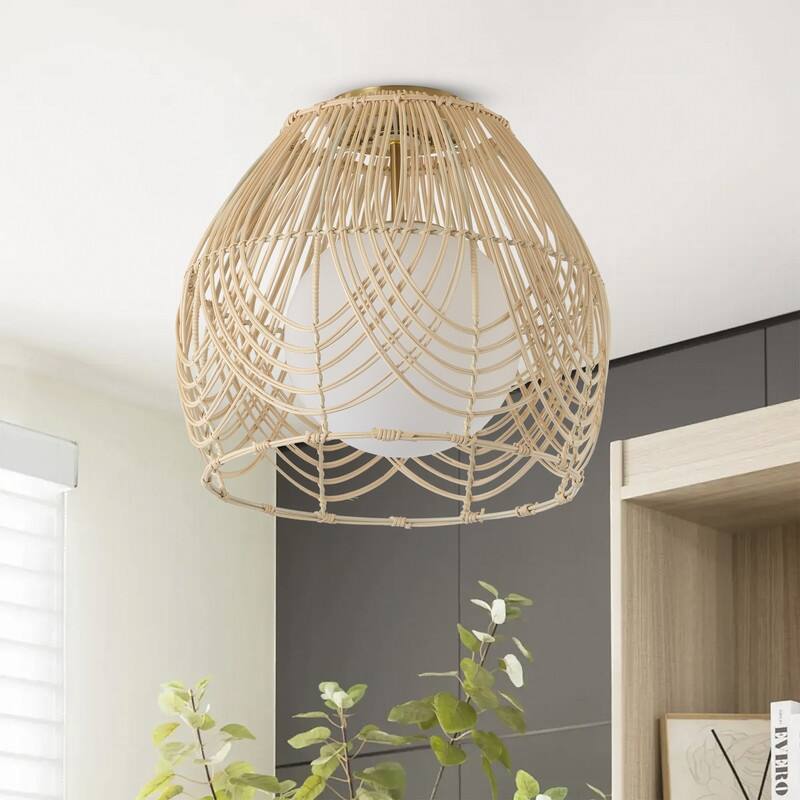 Boho Rattan Flush Mount 1 Light Copper Finish Woven Shade