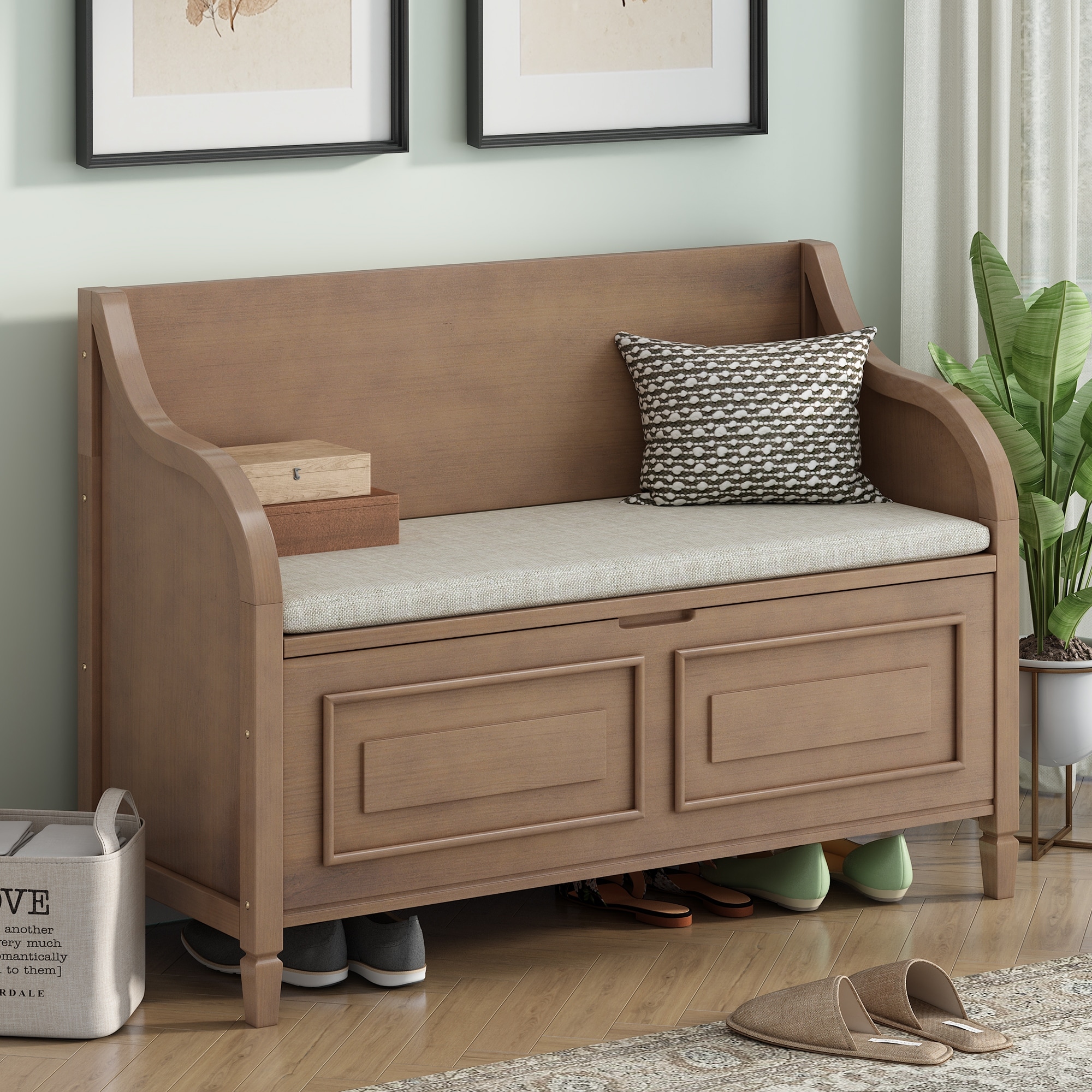 41.9" Rustic Style Solid wood Entryway Multifunctional Storage Bench with Safety Hinge