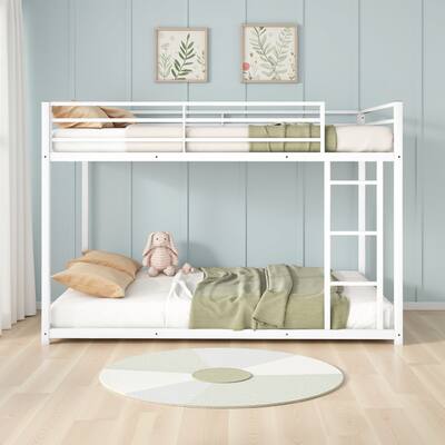 Ovi 78 Inch Twin Bunk Bed, Mounted Ladder, Ground Level Platform Bed, White