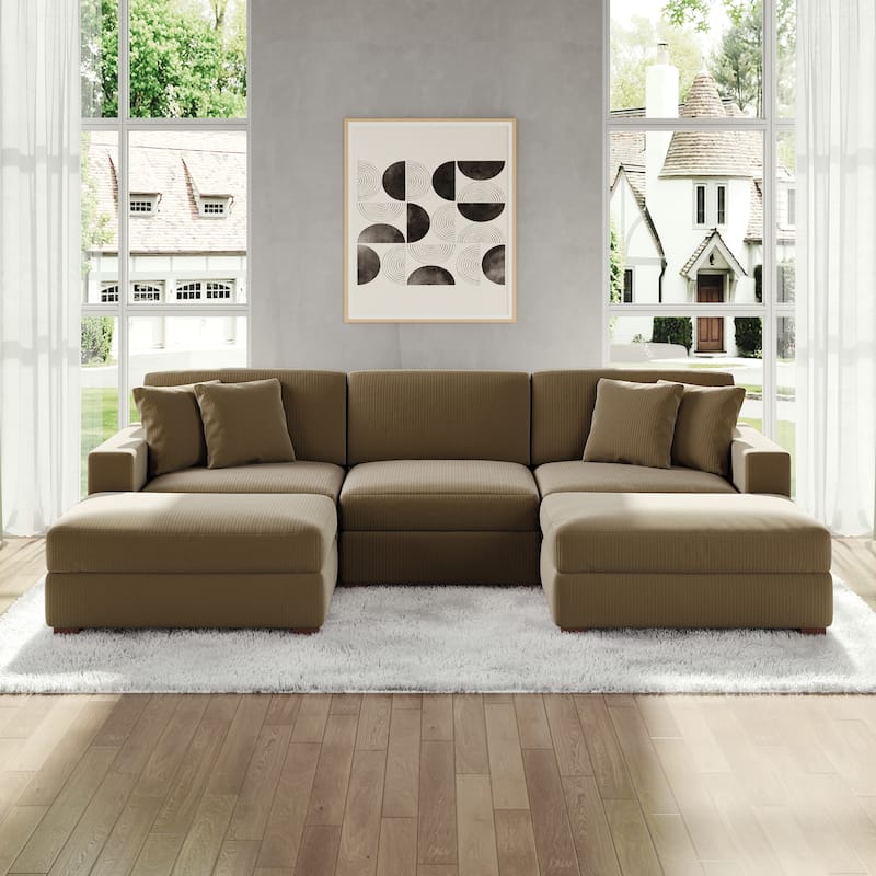 Modular Corduroy Sectional Sofa Set Chaise Couch with Ottoman - Camel-5 Piece
