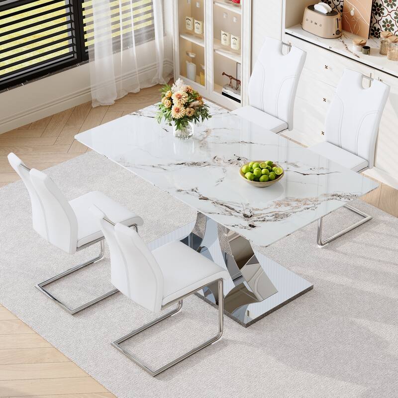 Modern 7-Piece Dining Set with 6 Ergonomic PU Chairs, Side Table Upholstered Chairs Comfy Dining Chairs