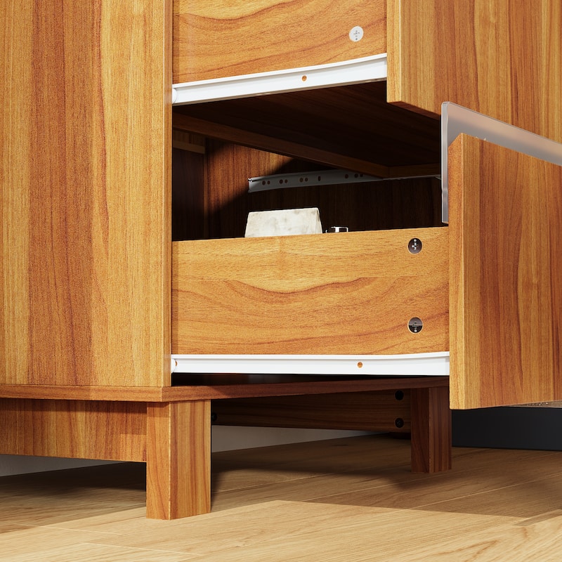 Modern Wave-Front 4-Drawer Dresser with Acrylic Panels, Wood Grain & Black Storage Cabinet Chest Cabinet