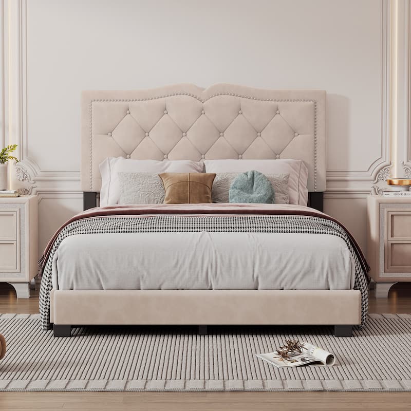Full Size Upholstered Bed Frame with Rivet Design, Modern Velvet Platform Bed with Tufted Headboard, Gray