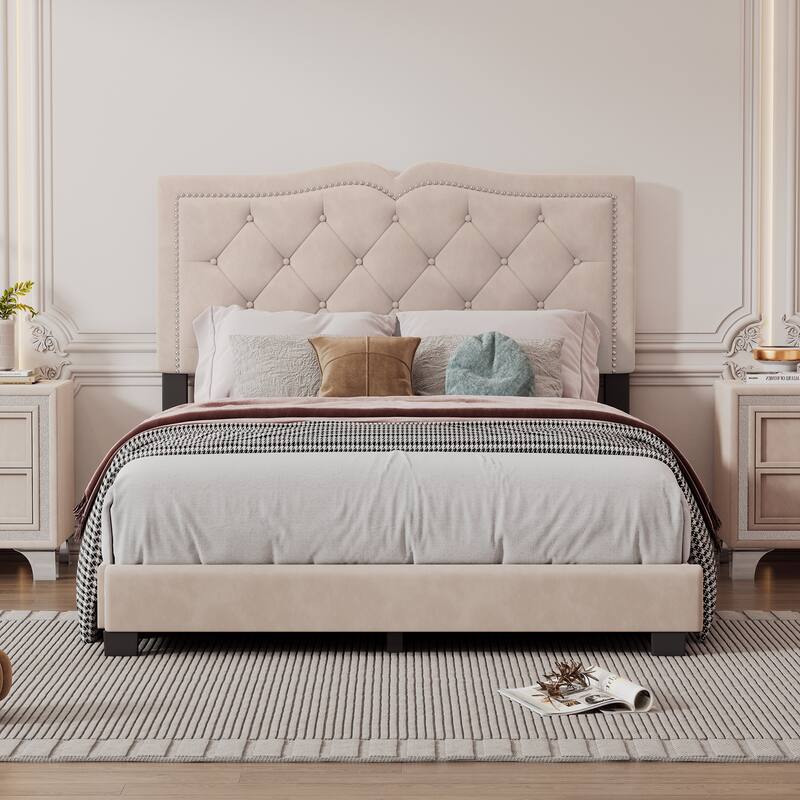 Queen/Full Size Upholstered Bed Frame with Rivet Design, Modern Velvet Platform Bed with Tufted Headboard