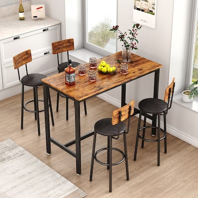 Grondin Rustic Industrial Style 5-Piece Bar Table Set with 4 PU Leather Bar Stools, Rectangle Dining Room Table Set for 4