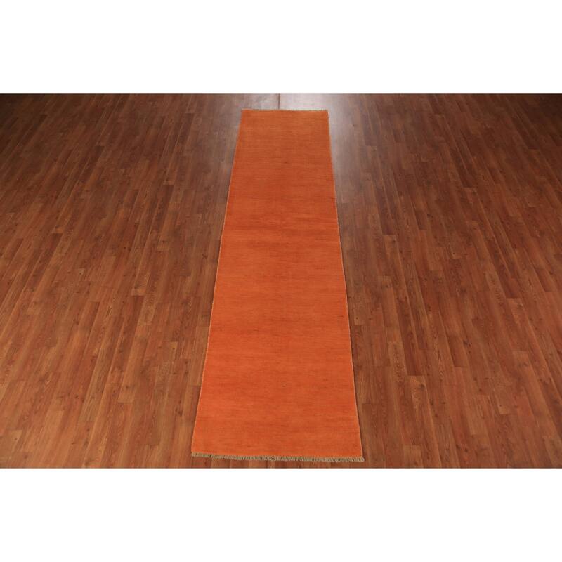 Orange Modern Gabbeh Runner Rug Hand-Knotted Solid Wool Carpet - 2'6" x 9'8"