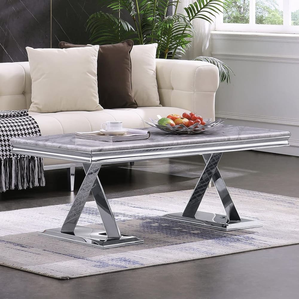 Modern Rectangular Coffee Table with Metal X Cross Base for Living Room