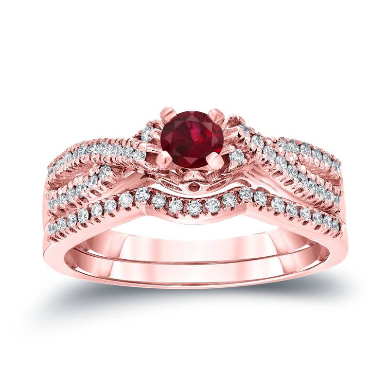 14k Gold 1/4ct Ruby and 1/4ct TDW Braided Infinity Diamond Engagement Ring Set by Auriya - 4 - Rose