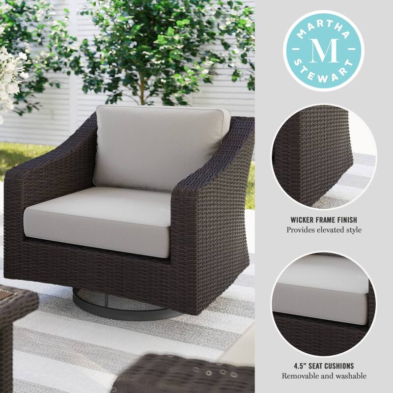 Martha Stewart Outdoor Rattan Wicker Swivel Chair with All-Weather Cushions - 34"D x 32"W x 30"H