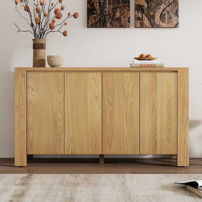 Buffet Cabinet with Storage, 4-Door Retro Wood Sideboard with Distressed Finish and Adjustable Shelves . - Natural