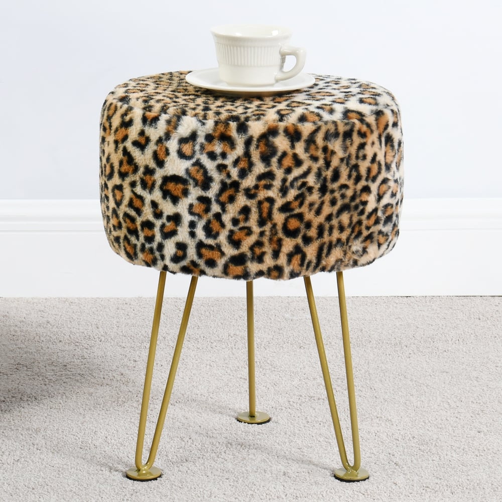 Home Soft Things Leopard Fauxfur Ottoman with Gold Metal Legs